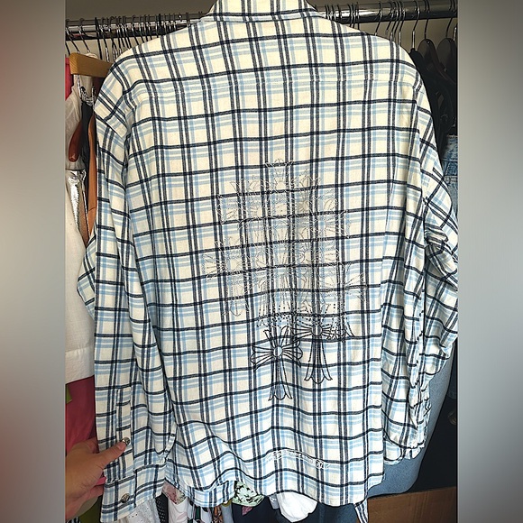 Chrome Hearts Flannel Plaid Shirt Unisex Size Medium Oversized Light Blue Navy - Picture 6 of 16